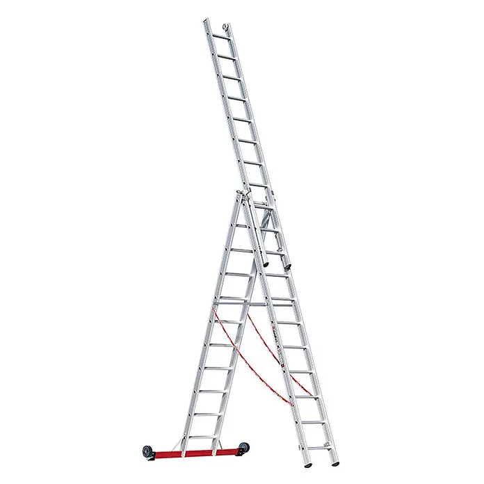 Euroline Mehrzweckleiter Premium 30778 Mehrzweckleiter 3-teilig 3x11 Sprossen - Anzahl Tritte: 11 Stk., Arbeitshöhe: 8.950 m, Aluminium - Silberne Aluminium-Mehrzweckleiter, als Stehleiter mit ausgefahrenem Oberteil aufgestellt, mit rotem Stabilisator und Rollen.