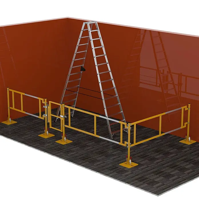 Munk Mehrzweckleiter FlexxGuard Sicherheitsgeländer Geländerpfosten - Aluminium - Gelbes, modulares Sicherheitsgeländer-System mit Tor, das eine silberne Stehleiter umgibt und Absturzsicherung bietet.