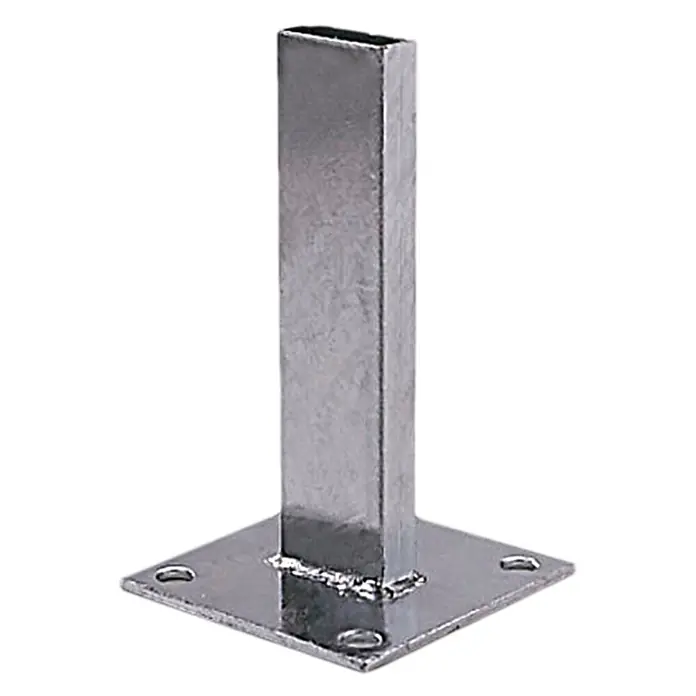 Euroline Mehrzweckleiter Fußplatte Stahl verzinkt - Stahl - Silberne rechteckige Metallpfostenbasis mit quadratischer Platte und vier Löchern.