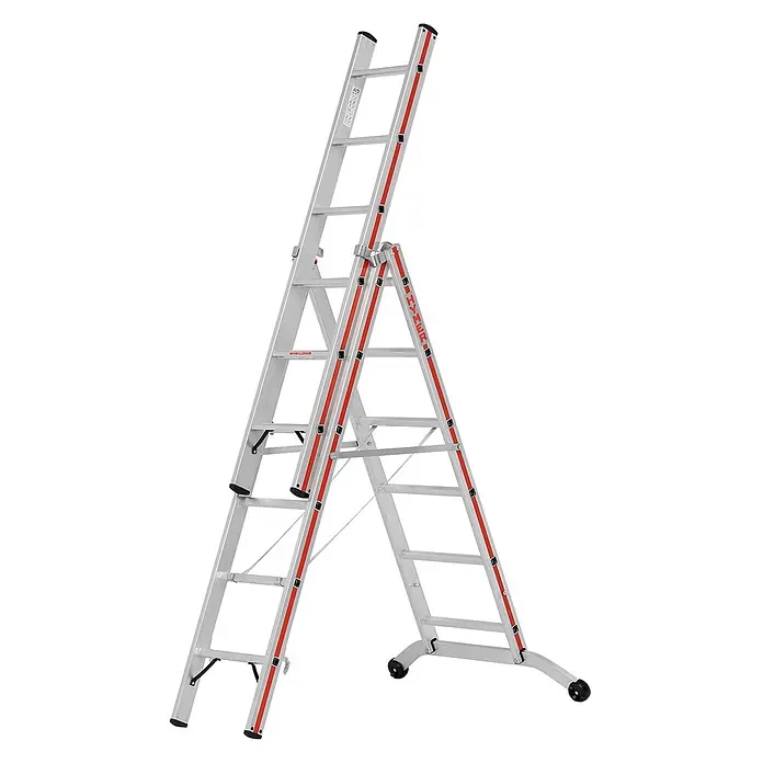 Hymer Mehrzweckleiter Stufenmehrzweckleiter mit Wandlaufrollen 3x6 Sprossen/Stufen - Arbeitshöhe: 4.890 m, Aluminium - Verstellbare Aluminium-Mehrzweckleiter mit roten Akzenten, umwandelbar für diverse Anwendungen, mit Standbeinen und rutschfesten Füßen.