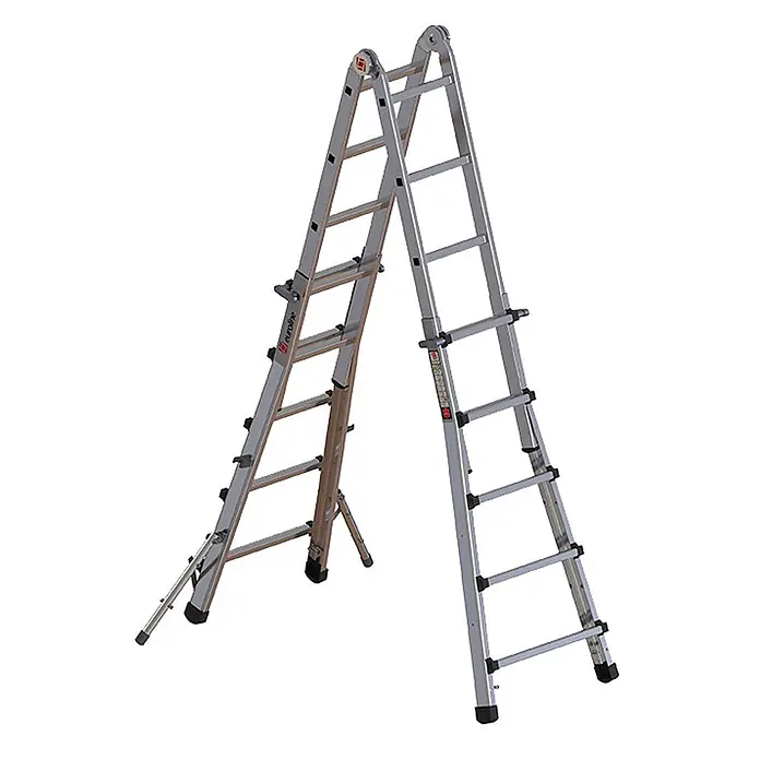 Euroline Mehrzweckleiter Premium 316 Alu-Vario -Klappleiter mit Standverbreiterung 4x5 Sprossen - Anzahl Tritte: 5 Stk., Arbeitshöhe: 5.900 m, Aluminium - Silberne Aluminium Mehrzweck-Gelenkleiter, in A-Rahmen-Position gezeigt.