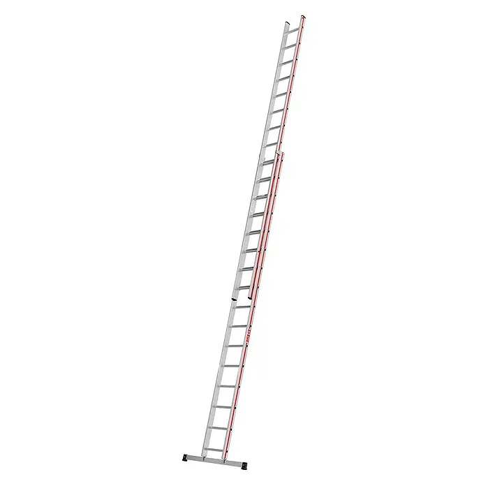 Hymer Mehrzweckleiter Schiebeleiter 2x16 Sprossen - Arbeitshöhe: 8.980 m, Aluminium - Silberne Aluminium-Ausziehleiter mit roten Markierungen und breiter Standtraverse.