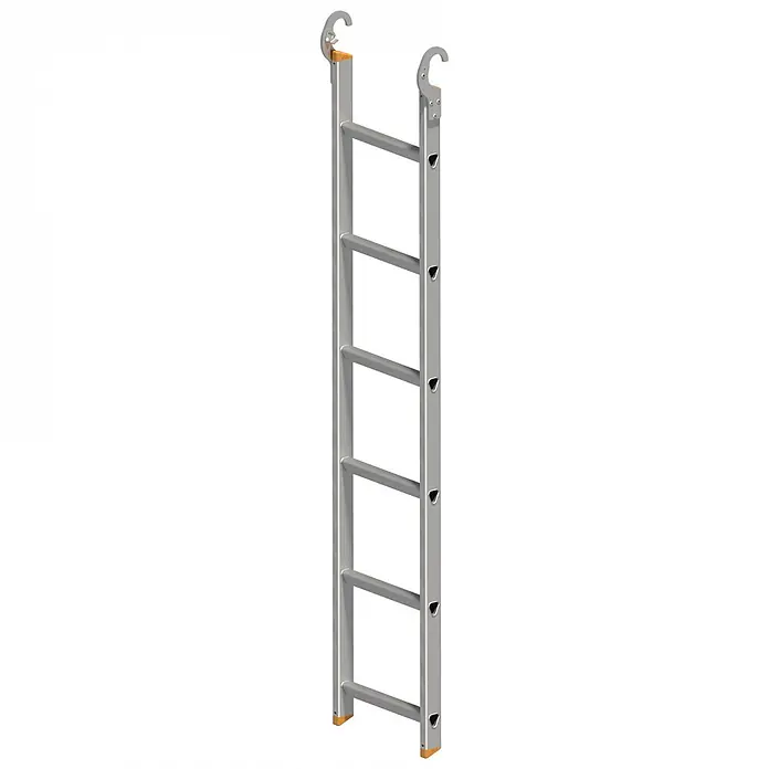 Layher Mehrzweckleiter Einhängeleiter 6 Sprossen - Aluminium - Silberne Aluminiumleiter mit zwei oberen Haken und orangefarbenen Endkappen.