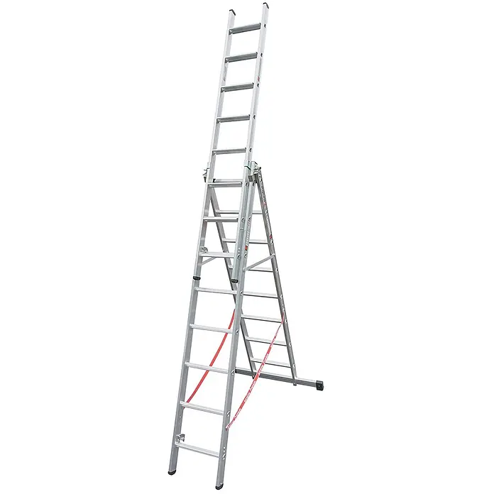 Euroline Mehrzweckleiter Premium 30777 Stufen Mehrzweckleiter mit Wandlaufrollen 3-teilig 3x8 Stufen - Anzahl Tritte: 8 Stk., Arbeitshöhe: 6.500 m, Belastbarkeit: 150 kg, Aluminium - Silberne Aluminium-Mehrzweckleiter, als Stehleiter mit Verlängerung aufgestellt, mit roten Sicherheitsgurten.