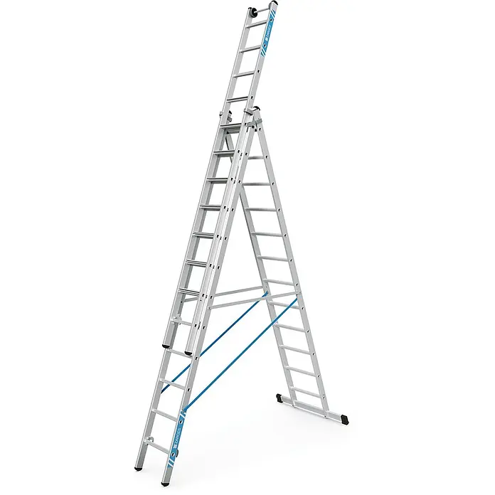 Zarges Mehrzweckleiter Mehrzweckleiter Skymaster Plus X 3x12 Stufen - Anzahl Tritte: 12 Stk., Arbeitshöhe: 9.250 m, Aluminium - Silberne Aluminium-Mehrzweckleiter als Stehleiter mit Verlängerung und blauen Sicherungsriemen.