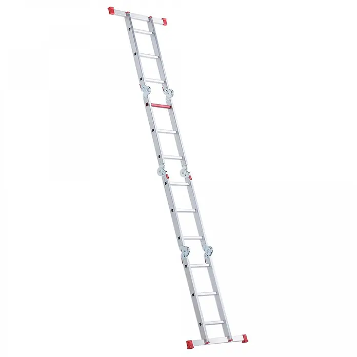 Altrex Mehrzweckleiter Vielzweckleiter Varitrex Plus 4x3 Sprossen - Anzahl Tritte: 3 Stk., Arbeitshöhe: 4.300 m, Aluminium - Silberne, ausziehbare Aluminiumleiter mit roten Sicherheitsmechanismen.