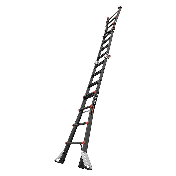 Altrex Mehrzweckleiter Vielzweckleiter Velocity Black Pro 4x4 Sprossen - Anzahl Tritte: 4 Stk., Arbeitshöhe: 5.540 m - Ausziehbare Mehrzweckleiter in Grau-Schwarz mit orangefarbenen Akzenten und silbernen Füßen.