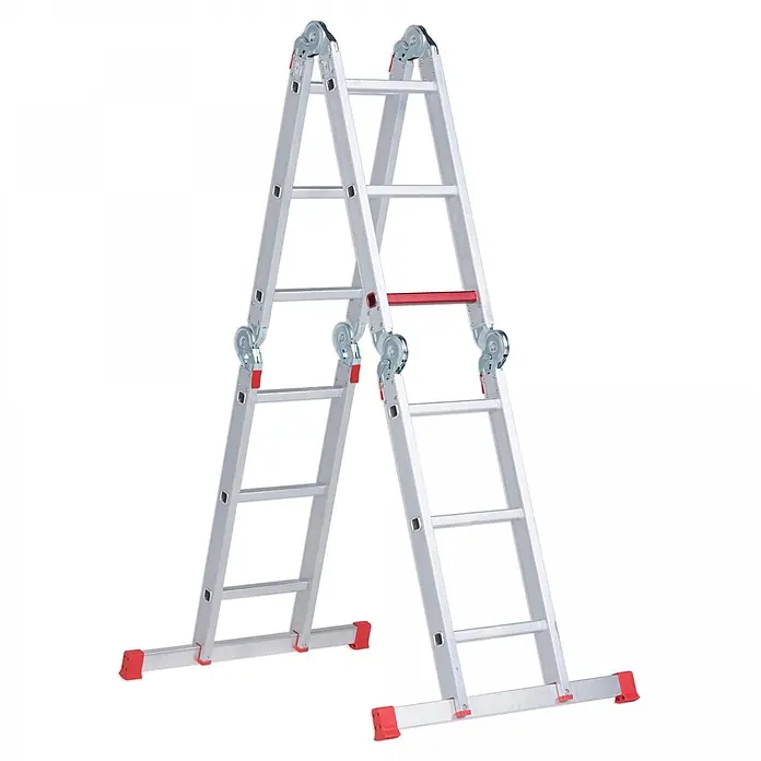 Altrex Mehrzweckleiter Vielzweckleiter Varitrex Plus 4x3 Sprossen - Anzahl Tritte: 3 Stk., Arbeitshöhe: 4.300 m, Aluminium - Silberne Aluminium-Gelenkleiter mit roten Akzenten, als Stehleiter aufgestellt.