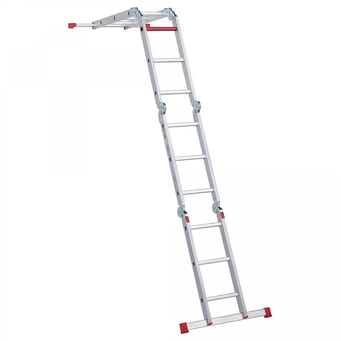 Altrex Mehrzweckleiter Vielzweckleiter Varitrex Plus 4x3 Sprossen - Anzahl Tritte: 3 Stk., Arbeitshöhe: 4.300 m, Aluminium - Silberne Aluminium-Mehrzweckleiter mit roten Gelenken und rutschfesten Füßen, ausgefahren für den Zugang.