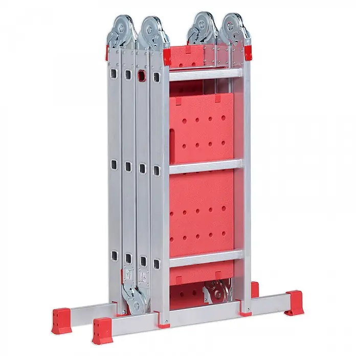 Altrex Mehrzweckleiter Vielzweckleiter Varitrex Plus 4x3 Sprossen - Anzahl Tritte: 3 Stk., Arbeitshöhe: 4.300 m, Aluminium - Gefaltete silberne Aluminium-Mehrzweckleiter mit roten Gelenken und rutschfesten Füßen.