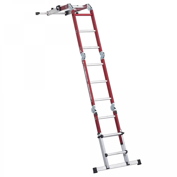 Altrex Mehrzweckleiter Vielzweckleiter Varitrex Do-it-all 4x3 Sprossen - Anzahl Tritte: 3 Stk., Arbeitshöhe: 4.300 m, Aluminium - Rote und silberne Gelenkleiter, ausgefahren und angelehnt. Mehrere Segmente mit Scharnieren für vielseitigen Einsatz.