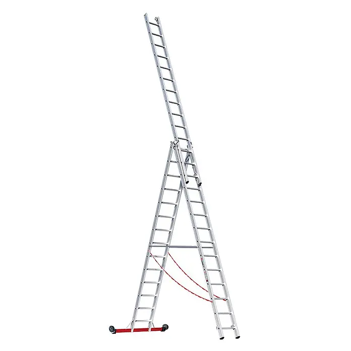 Euroline Mehrzweckleiter Premium 30778 Mehrzweckleiter 3-teilig 3x14 Sprossen - Anzahl Tritte: 14 Stk., Arbeitshöhe: 10.900 m, Aluminium - Silberne Aluminium-Mehrzweckleiter mit rotem Stabilisator und Sicherheitsgurten, als Stehleiter mit Auszug und Rädern konfiguriert.