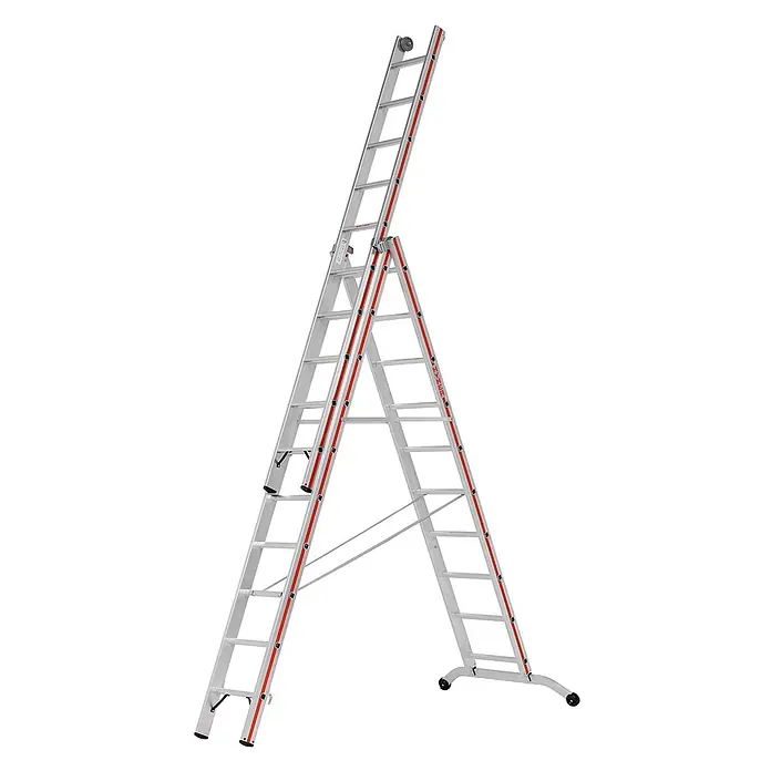Hymer Mehrzweckleiter Stufenmehrzweckleiter mit Wandlaufrollen 3x10 Sprossen/Stufen - Arbeitshöhe: 7.750 m, Aluminium - Mehrzweckleiter aus silbernem Aluminium mit roten Akzenten, als Stehleiter mit ausgefahrener dritter Sektion und Rollen.