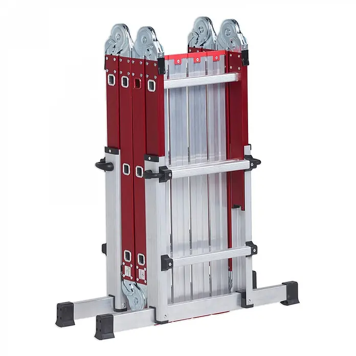 Altrex Mehrzweckleiter Vielzweckleiter Varitrex Do-it-all 4x3 Sprossen - Anzahl Tritte: 3 Stk., Arbeitshöhe: 4.300 m, Aluminium - Rote und silberne Aluminium-Mehrzweckklappleiter im kompakten, zusammengeklappten Zustand, mit robusten Fußstabilisatoren.