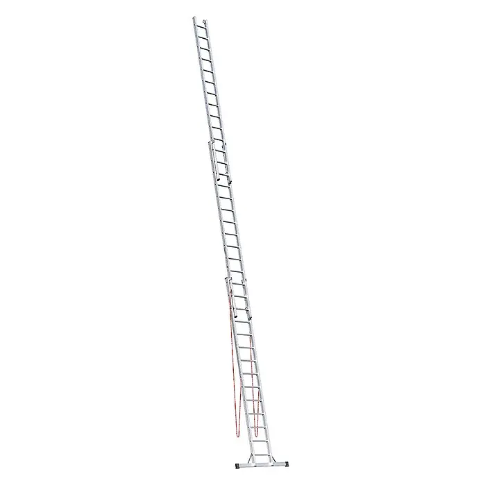 Euroline Mehrzweckleiter Premium 307 Mehrzweckleiter 3x14 Sprossen - Anzahl Tritte: 14 Stk., Arbeitshöhe: 11.450 m - Silberne Aluminium-Ausziehleiter mit mehreren Teilen und rotem Seil zur Verlängerung.