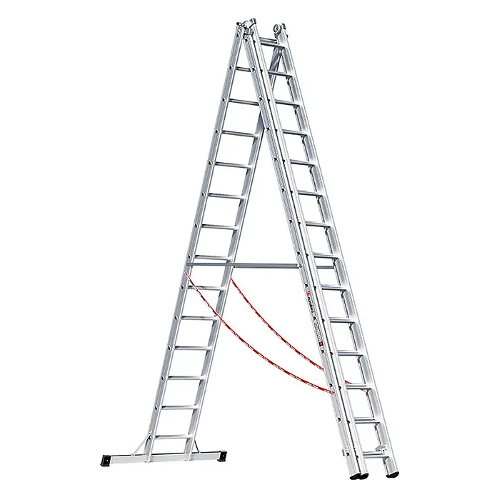 Euroline Mehrzweckleiter Premium 307 Mehrzweckleiter 3x14 Sprossen - Anzahl Tritte: 14 Stk., Arbeitshöhe: 11.450 m - Silberne Aluminium-Mehrzweckleiter in A-Stellung mit roten Sicherheitsgurten.