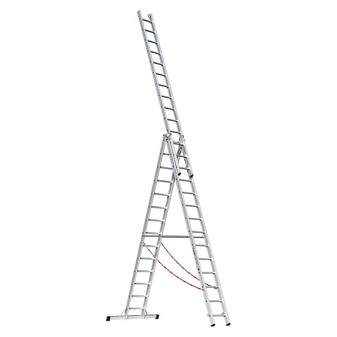 Euroline Mehrzweckleiter Premium 307 Mehrzweckleiter 3x14 Sprossen - Anzahl Tritte: 14 Stk., Arbeitshöhe: 11.450 m - Silberne Aluminium-Mehrzweckleiter in A-Form mit ausgefahrenem Oberteil und Sicherheitsgurten.