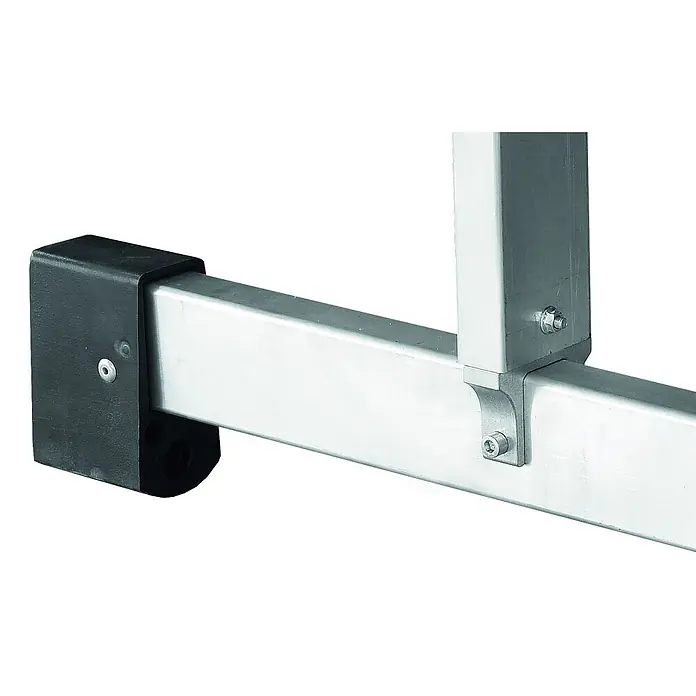 Iller Leiter Mehrzweckleiter Traverse zum Nachrüsten mit T-Adapter für Holmgröße 70 mm - Aluminium - Silberner Metallbalken mit schwarzer Endkappe und verschraubtem vertikalem Stützpfosten.