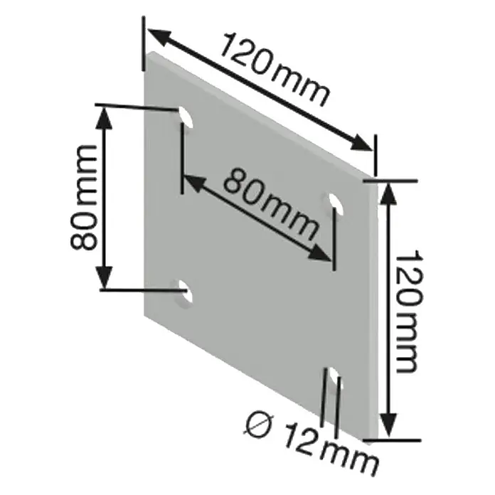 Munk Mehrzweckleiter Erweiterungspodest 1000mm - Stahl - Graue rechteckige Metallmontageplatte, 120x120mm, mit vier 12mm Löchern.