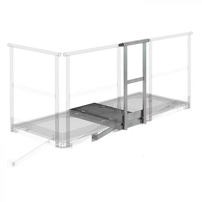 Munk Mehrzweckleiter Erweiterungspodest 500mm - Stahl - Modulares Metallpodest mit Gitterrost und integriertem Geländer, teilweise transparent dargestellt.
