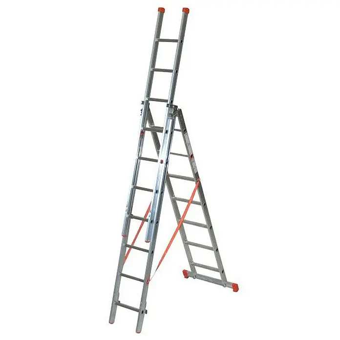 Facal Mehrzweckleiter Mehrzweckleiter 3-teilig GENIA S300 3x7 Sprossen - Anzahl Tritte: 7 Stk., Arbeitshöhe: 6.000 m, Aluminium - Silberne Aluminium-Mehrzweckleiter, als Stehleiter mit Verlängerung aufgebaut, mit orangefarbenen Sicherheitsgurten.