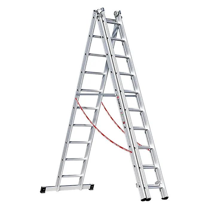 Euroline Mehrzweckleiter Premium 307 Mehrzweckleiter 3x10 Sprossen - Anzahl Tritte: 10 Stk., Arbeitshöhe: 8.100 m - Silberne ausziehbare Aluminium-Anlegeleiter mit roten Sicherheitsgurten.