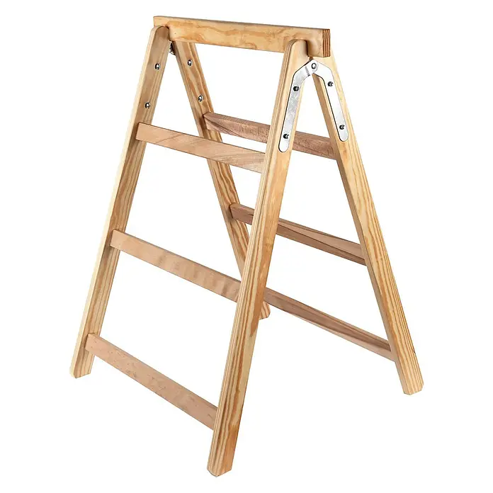 Iller Leiter Mehrzweckleiter Holz Arbeitsbock klappbar - Holz - Eine faltbare A-Rahmenleiter aus hellem Naturholz mit Metallscharnieren, geeignet für Spiel oder Gebrauch.