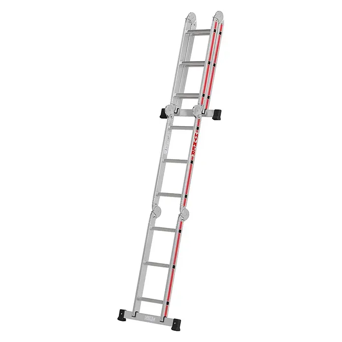 Hymer Mehrzweckleiter Vielzweckleiter mit Plattform 4x3 Sprossen - Anzahl Tritte: 3 Stk., Arbeitshöhe: 4.500 m, Aluminium - Silberne Aluminium-Mehrzweckleiter mit roten Akzenten, scharniergelenkt für verschiedene Konfigurationen, mit stabilisierender Basis.