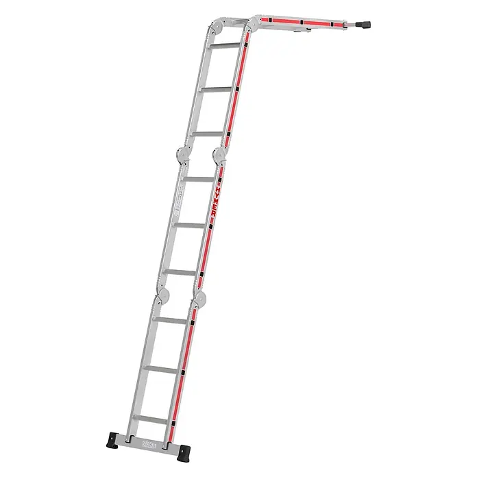 Hymer Mehrzweckleiter Vielzweckleiter mit Plattform 4x3 Sprossen - Anzahl Tritte: 3 Stk., Arbeitshöhe: 4.500 m, Aluminium - Silberne Gelenk-Aluminiumleiter mit roten Akzenten, in brückenähnlicher Konfiguration gefaltet.