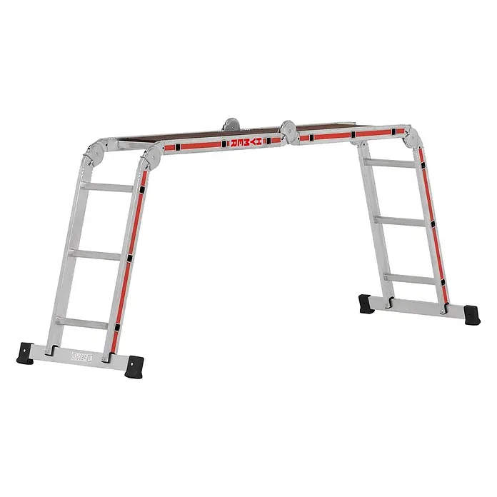 Hymer Mehrzweckleiter Vielzweckleiter mit Plattform 4x3 Sprossen - Anzahl Tritte: 3 Stk., Arbeitshöhe: 4.500 m, Aluminium - Silberne Aluminium-Mehrzweckleiter, als Arbeitsplattform mit roten Akzenten aufgebaut.