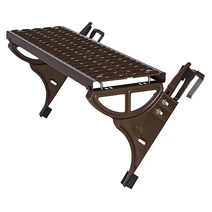 Euroline Dachleiter Standrost braun - Aluminium - Brauner, klappbarer Metall-Baumstufen-Tritt mit perforierter, rutschfester Oberfläche und Befestigungsklammern.