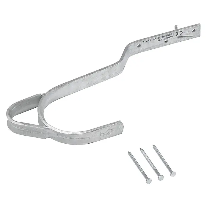 Hymer Dachleiter Aluminium-Leiter - Stahl - Verzinkter Dachrinnenhalter mit C-förmigem Haken und Befestigungsarm, daneben drei Nägel.