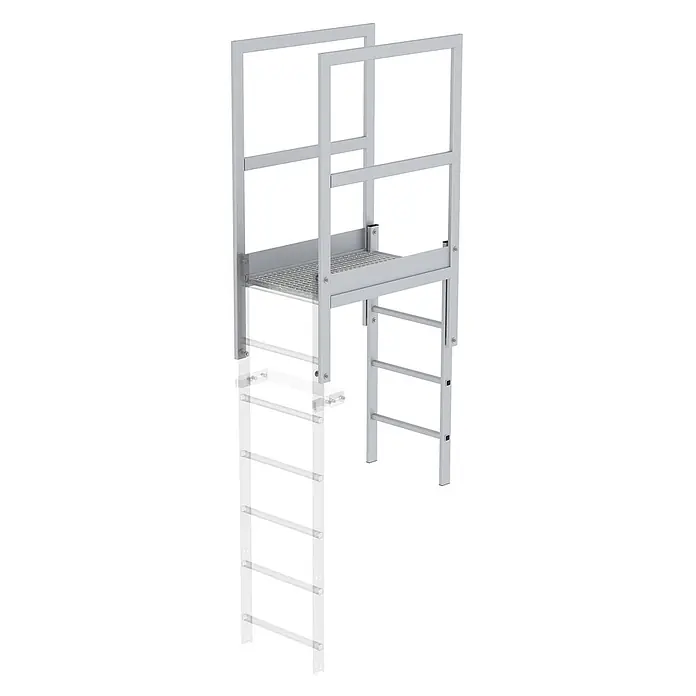Munk Dachleiter Attika-Überstieg Aluminium eloxiert - Aluminium - Graue Metall-Zugangsplattform mit Geländern, perforierter Standfläche und integrierter Leiter.