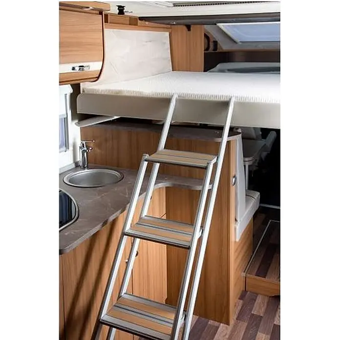 Alu-Line Dachleiter Frankana Comfort von Alkovenleiter Wohnmobilleiter 4 Stufen - Anzahl Tritte: 4 Stk., Belastbarkeit: 125 kg, Aluminium - Silberne Leiter mit Holzoptik-Stufen für erhöhtes Hubbett im Wohnmobil.