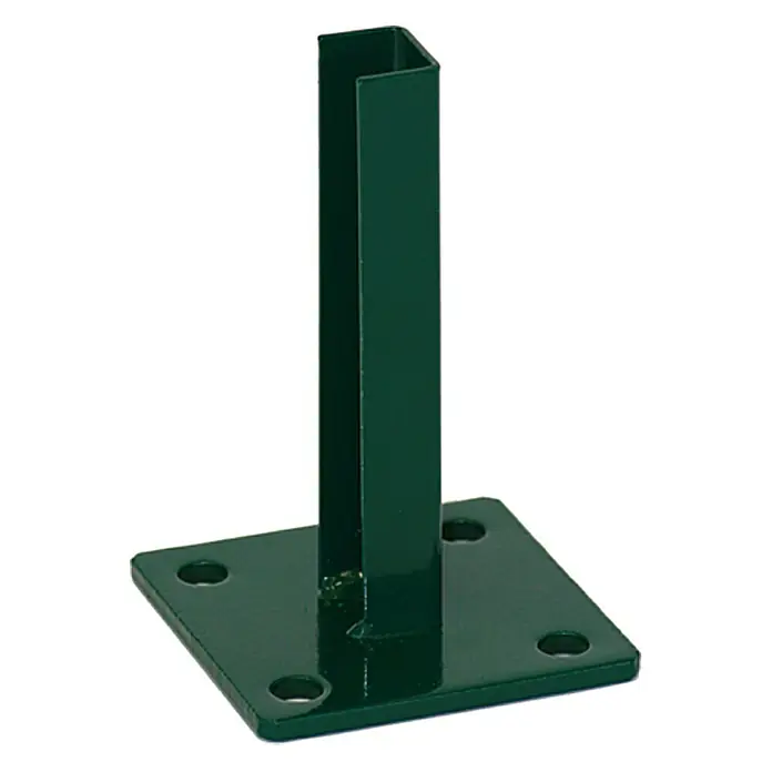 Kraus Dino Pro Standfuß - Passend für: Zaunpfähle mit Durchschnitt 42 mm, Anthrazit - Ein grüner Pfostenträger mit quadratischer Grundplatte und vier Löchern, ideal für die sichere Befestigung von Pfosten im Außenbereich.