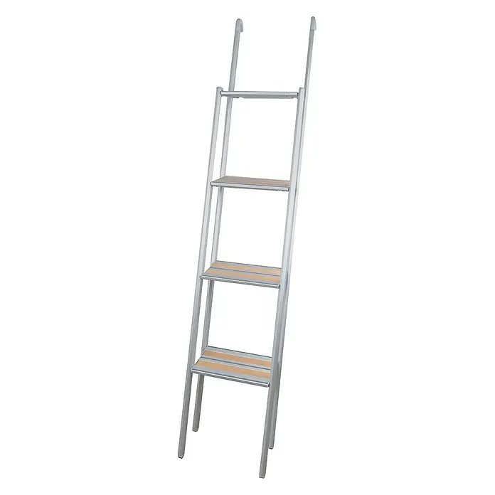 Alu-Line Dachleiter Frankana Comfort von Alkovenleiter Wohnmobilleiter 4 Stufen - Anzahl Tritte: 4 Stk., Belastbarkeit: 125 kg, Aluminium - Vierstufige silberne Aluminiumleiter mit hellbraunen Holztritten und oberen Haken.