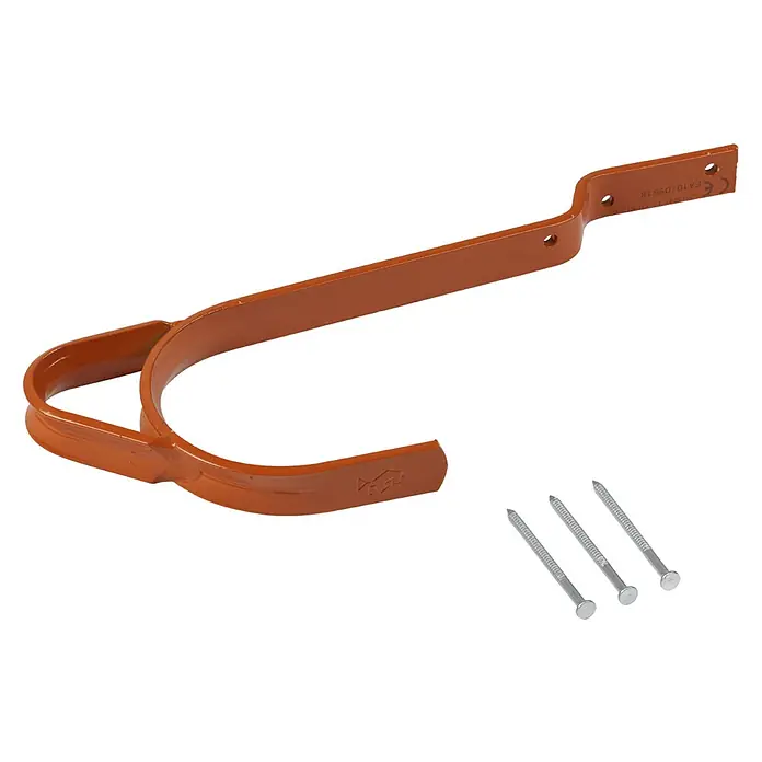 Hymer Dachleiter Sicherheits-Dachhaken Typ A RAL 8004 ziegelrot für Biberschwanzziegel -  - Orange-brauner Dachrinnenhalter aus Metall mit drei silbernen Befestigungsnägeln.