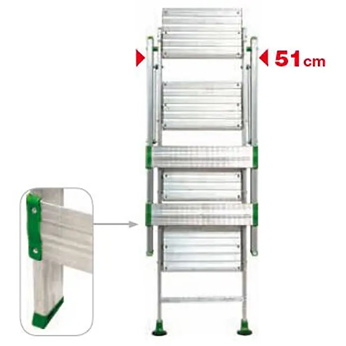 Facal Klapptritt Klapptreppe Plio Aluminium 2 Stufen - Anzahl Tritte: 2 Stk., Arbeitshöhe: 2.420 m, Aluminium - Aluminium-Mehrzweckleiter mit grünen Akzenten, zusammengeklappt 51 cm breit. Stabile grüne Füße und Scharniere.