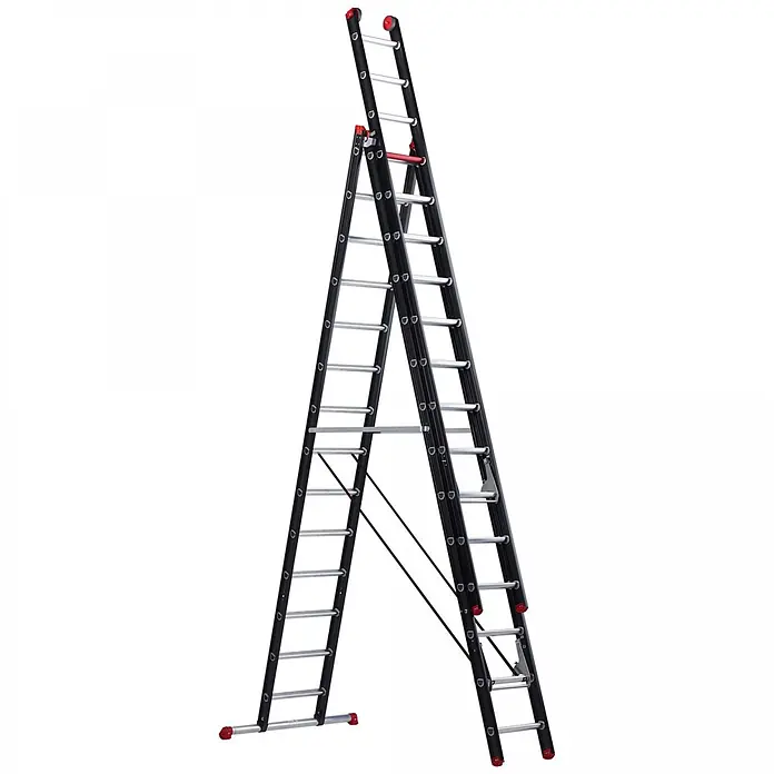 Altrex Mehrzweckleiter Mounter Mehrzweckleiter ZR 3083 3x12 Sprossen - Anzahl Tritte: 12 Stk., Arbeitshöhe: 8.800 m, Aluminium - Schwarz-silberne Mehrzweck-Ausziehleiter mit roten Akzenten, als Stehleiter aufgestellt.