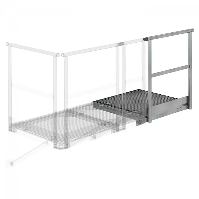 Munk Mehrzweckleiter Erweiterungspodest 1000mm - Stahl - Ausziehbare Industrieplattform mit Metallrost und Sicherheitsgeländern, die ihr modulares Design zeigt.