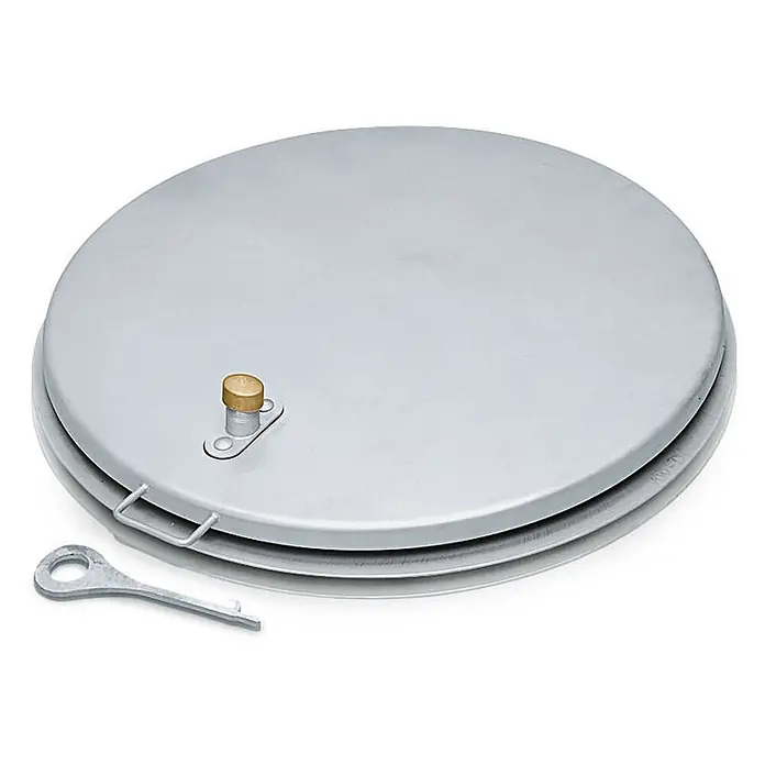 Zarges Mehrzweckleiter Aluminium-Leiter - Stahl - Runde, metallisch graue Deckel mit Messingdruckventil und Metallschlüssel.
