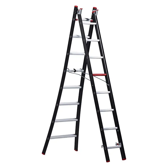 Altrex Mehrzweckleiter Nevada Mehrzweckleiter NZR 2041 2x8 Sprossen - Anzahl Tritte: 8 Stk., Arbeitshöhe: 4.900 m, Aluminium - Schwarze Gelenk-Mehrzweckleiter mit silbernen Sprossen und roten Akzenten, als Stehleiter aufgestellt.