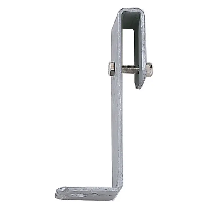 Euroline Mehrzweckleiter Maueranker starr Stahl verzinkt 200mm - Stahl - Graue Metall-L-Halterung mit U-förmigem Klemmteil oben, mit Schraube gesichert.