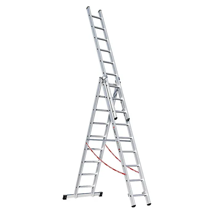 Euroline Mehrzweckleiter Premium 307 Mehrzweckleiter 3x9 Sprossen - Anzahl Tritte: 9 Stk., Arbeitshöhe: 7.300 m - Silberne Aluminium-Mehrzweckleiter mit roten Sicherheitsgurten, in A-Rahmen-Konfiguration mit ausgefahrenem dritten Abschnitt.