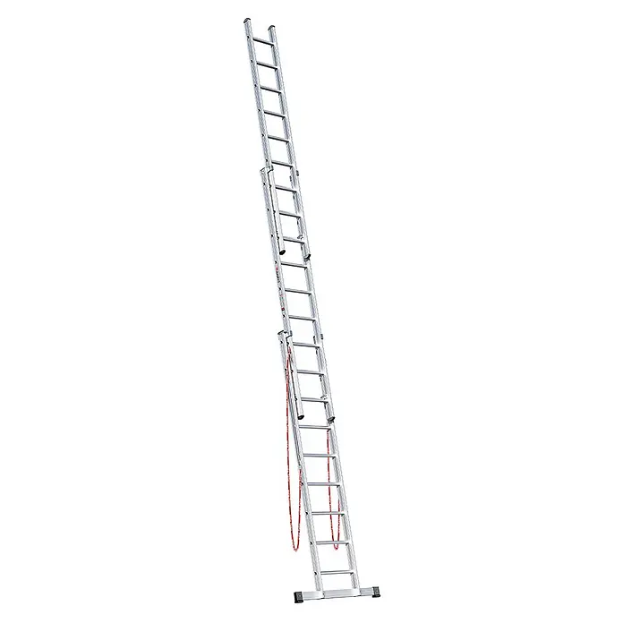 Euroline Mehrzweckleiter Premium 307 Mehrzweckleiter 3x9 Sprossen - Anzahl Tritte: 9 Stk., Arbeitshöhe: 7.300 m - Silberne Aluminium-Ausziehleiter mit mehreren Abschnitten und roten Seilen zur Verstellung.