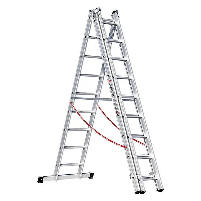 Euroline Mehrzweckleiter Premium 307 Mehrzweckleiter 3x9 Sprossen - Anzahl Tritte: 9 Stk., Arbeitshöhe: 7.300 m - Silberne Aluminium-Mehrzweckleiter in A-Form mit roten Sicherheitsgurten.