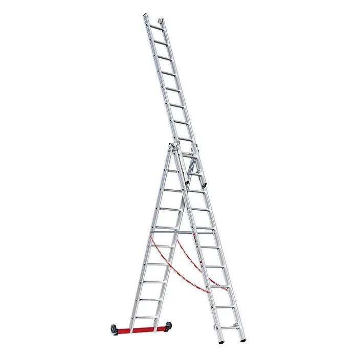 Euroline Mehrzweckleiter Premium 30778 Mehrzweckleiter 3-teilig 3x10 Sprossen - Anzahl Tritte: 10 Stk., Arbeitshöhe: 8.100 m, Aluminium - Silberne Aluminium-Mehrzweckleiter mit roten Sicherungsbändern und Räder-Stabilisator, in A-Form ausgefahren.