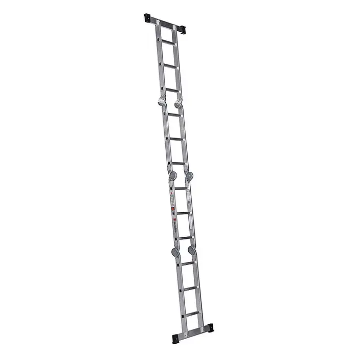 Euroline Mehrzweckleiter Premium 304 Klappleiter 4x3 Sprossen - Anzahl Tritte: 3 Stk., Arbeitshöhe: 4.400 m - Silberne Aluminium-Mehrzweck-Klappleiter mit schwarzen Füßen, für große Höhen ausgefahren.