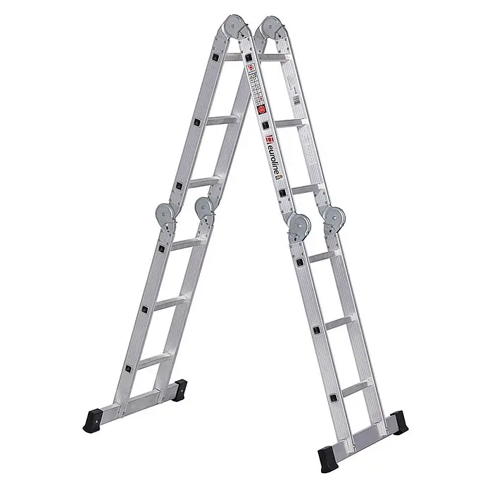 Euroline Mehrzweckleiter Premium 304 Klappleiter 4x3 Sprossen - Anzahl Tritte: 3 Stk., Arbeitshöhe: 4.400 m - Silberne Aluminium-Gelenkleiter, im A-Form-Modus aufgestellt.