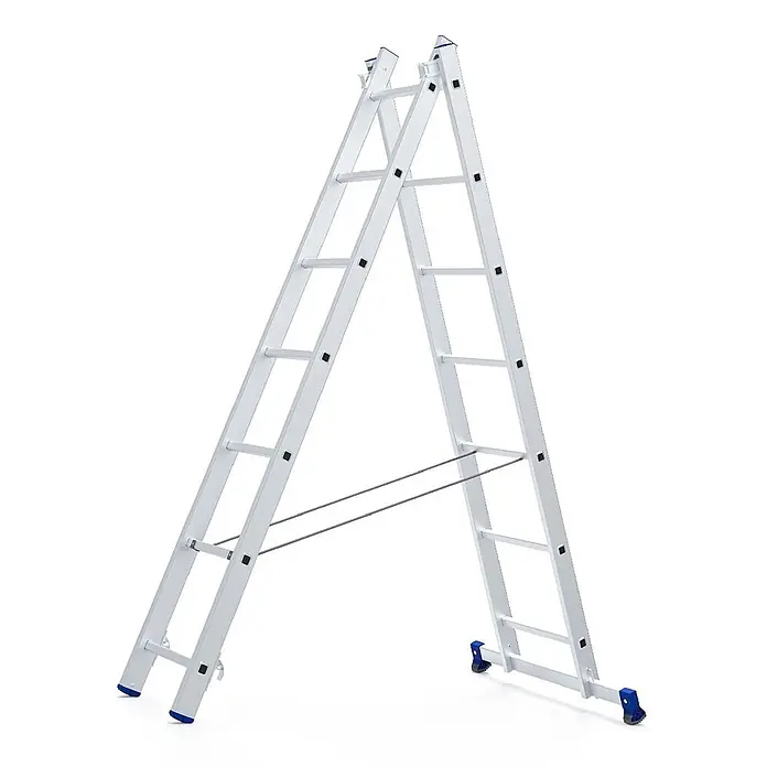 Werner Mehrzweckleiter Mehrzweckleiter 2x7 Sprossen - Anzahl Tritte: 7 Stk., Arbeitshöhe: 4.110 m, Aluminium - Silberne Aluminium-A-Rahmen-Mehrzweckleiter mit blauen Endkappen.